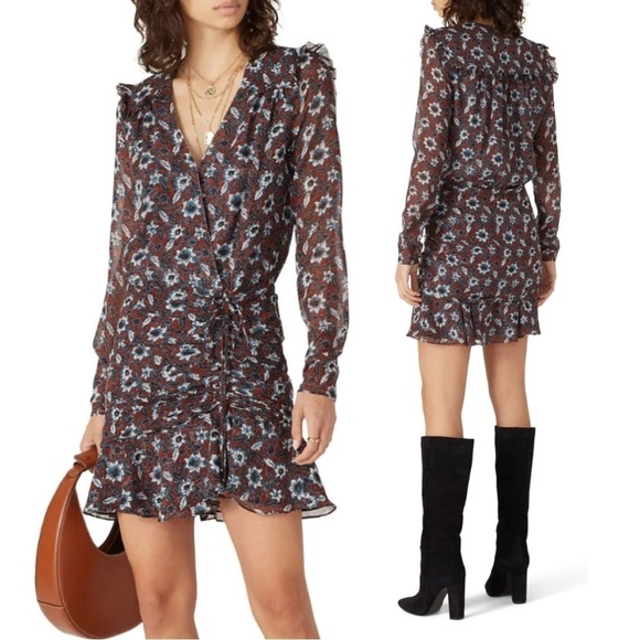 Tuckernuck VB 100% Silk Floral Long Sleeve Wrap Front Ruched Mini Dress Brown L - Picture 1 of 11